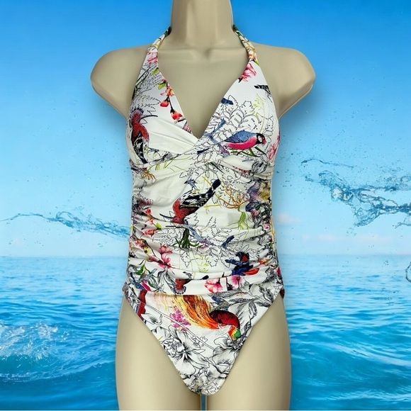 Moontide Other - MOONTIDE Tropical Birds Halter Swimsuit w/Ruching in White/Multi Size 6 (NWT)